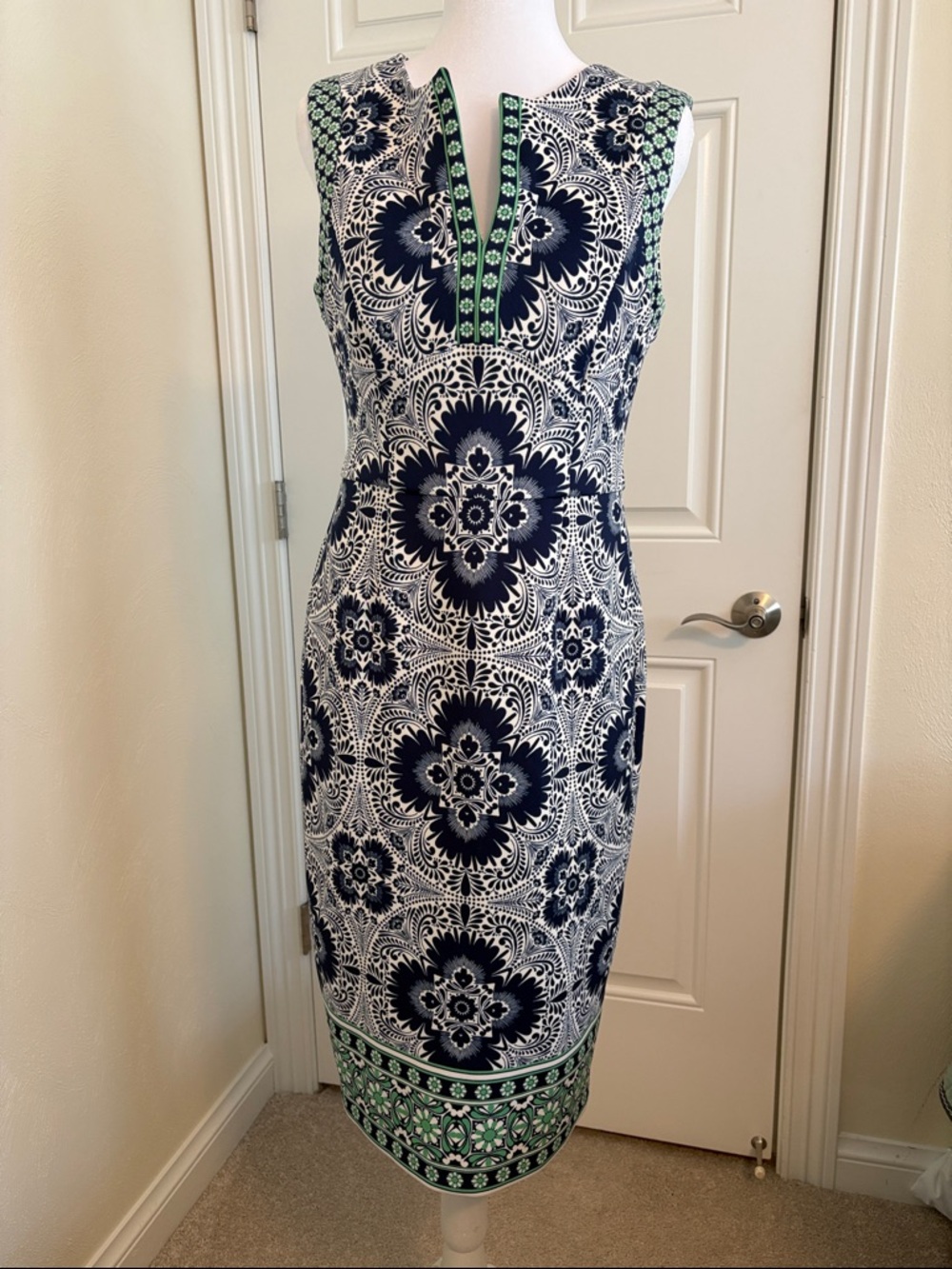Maggy London Navy and White Floral Midi Dress with Green Trim